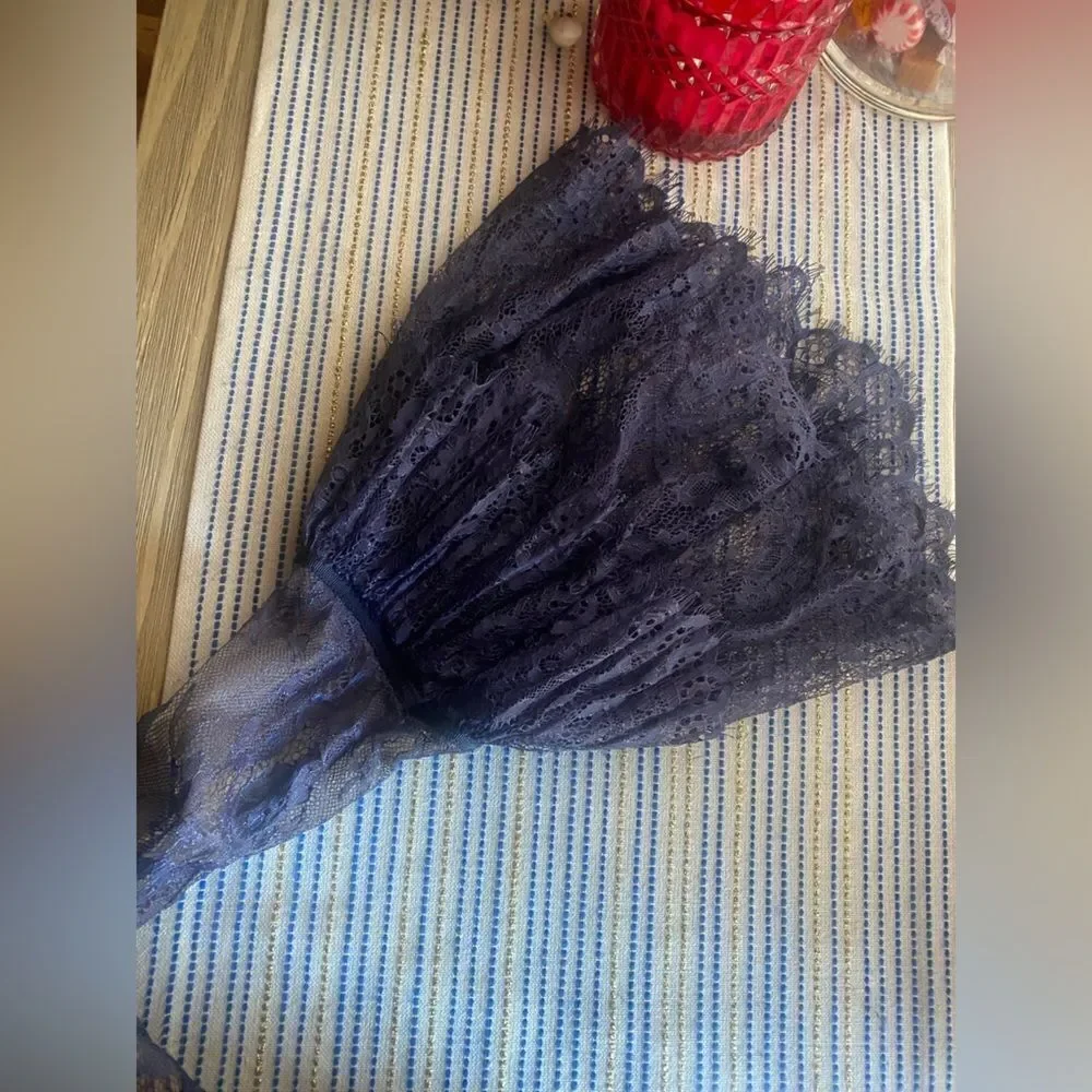 Self-Portrait Mini Dress Size 0 Navy Blue  Lace Ruffles Sleeve Lined - Picture 13 of 16